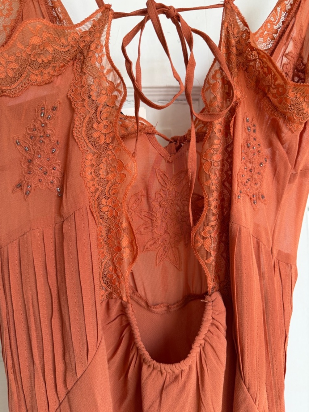 Zara Lace Trim Satin Midi Slip Dress Open Back Rust Boho NWT M - Picture 5 of 10